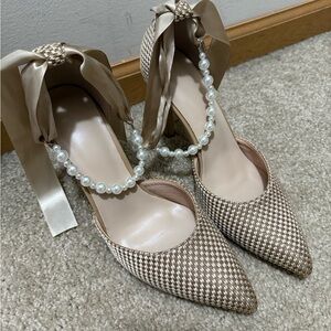 Elegant Beige Women's Heels with Pearl Detail